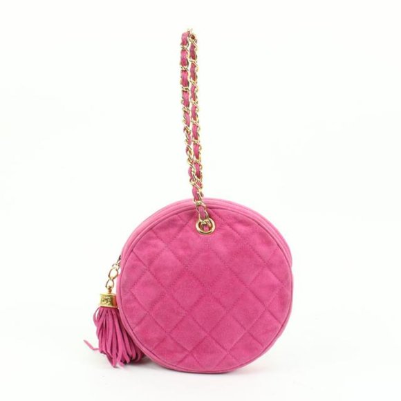 Chanel Hot Pink Quilted Suede Fringe Tassel Round Clutch on Chain88cz425s - Picture 8 of 12